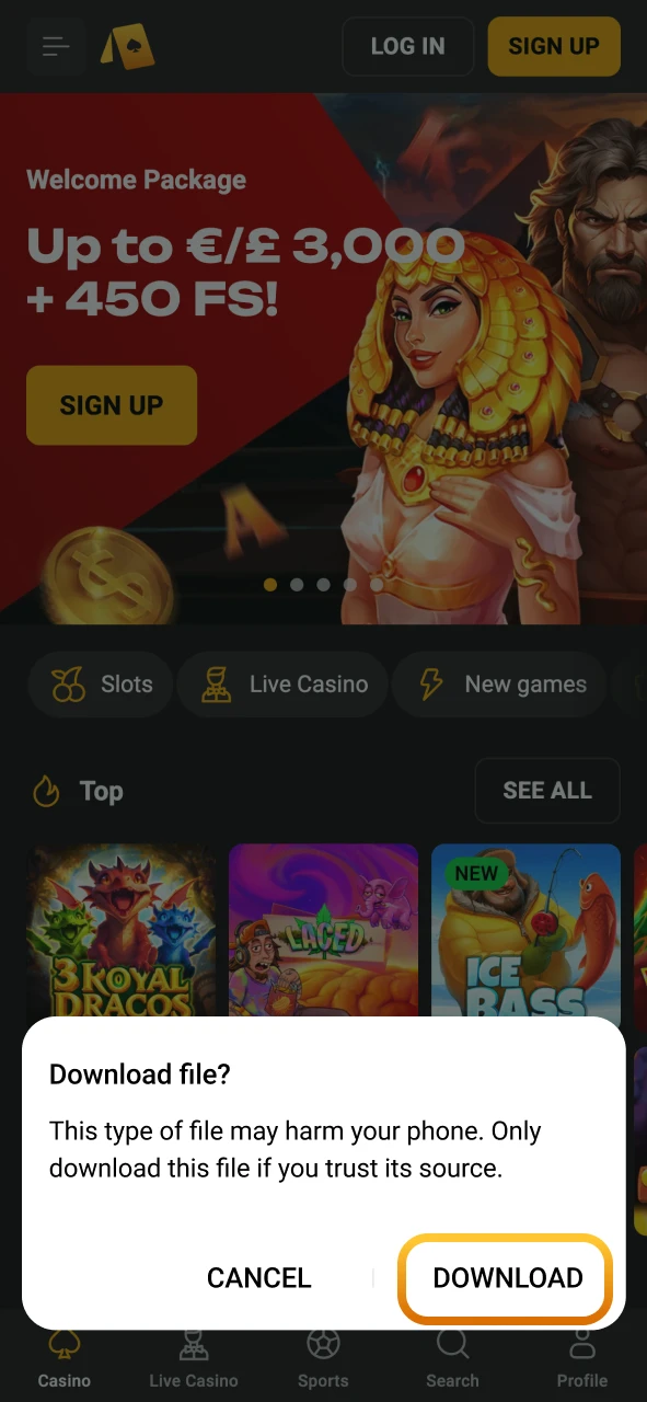 Accept the SlotLair download prompt on your mobile screen.