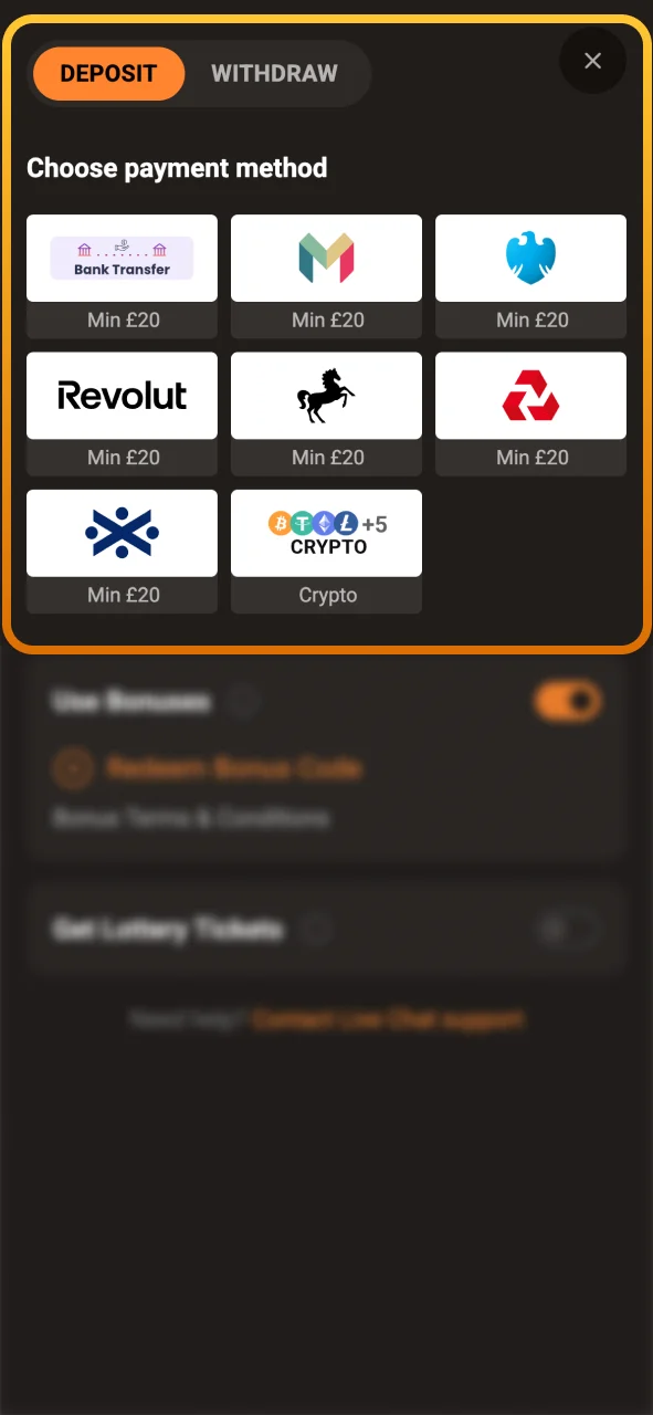 Select your preferred payment method at SlotLair to deposit.