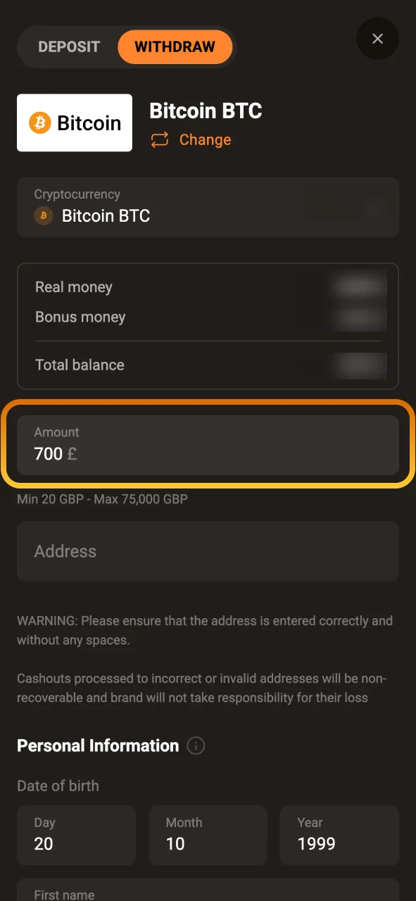 Enter your desired withdrawal amount in the SlotLair cashier.