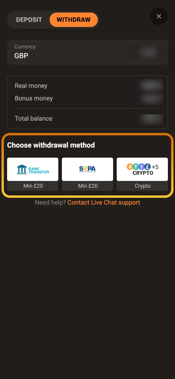 Select your SlotLair withdrawal method matching your last deposit.